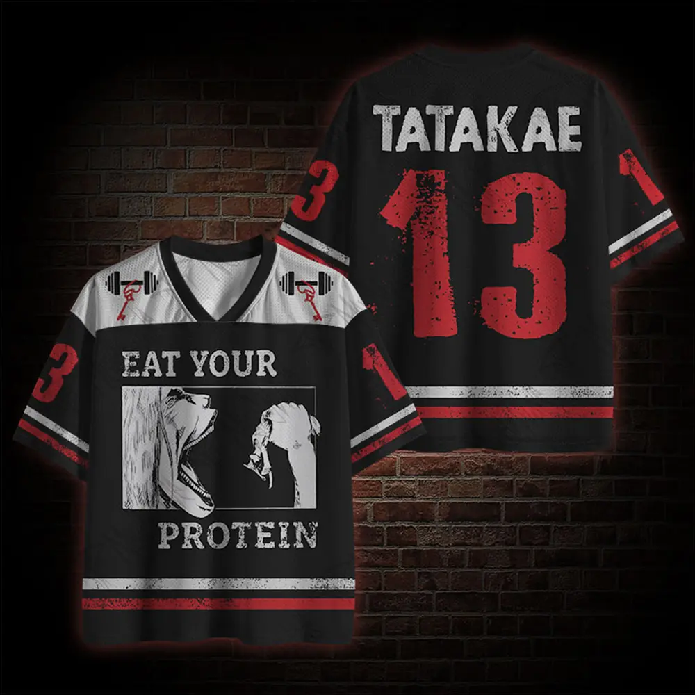 Dark Anime Titan Gym Mesh Baseball Jersey, Eat Your Protein Tatakae Custom 13 Sport Shirt, Aesthetic Workout Fitness Graphic Team Uniform, Novelty Gym Cosplay Top