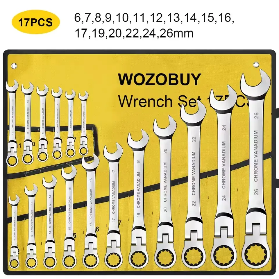 17-Piece Flex Head Ratcheting Wrench Set, 6-26MM Chrome Vanadium Steel Multi-Purpose Wrenches with Durable Construction, Off-Corner Loading Design, Thin Head & Beam, High Torque, Manual Operation, No Assembly, Combination Ends for Automotive Mechanics, 17