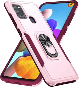 Case for Galaxy A21S,Heavy Duty Shockproof Full Protective [Dual Layer] [Hard PC],Built in Finger Ring Kickstand Protective Phone Case for Samsung Galaxy A21S,SM-A217M 6.5 inch (Pink Rose) Cellphone Case Accessories Durable