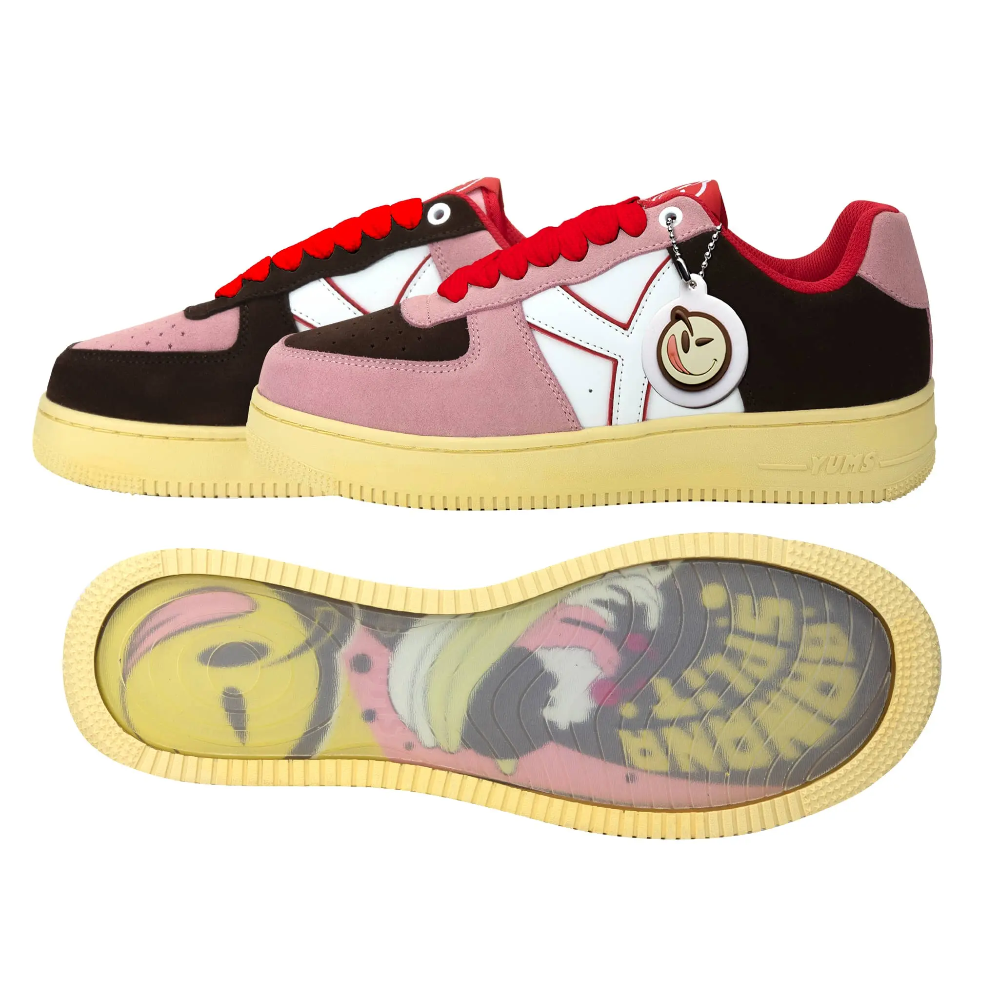 Banana Split Sneakers - Suede Streetwear Casual Fashion Shoes in Brown, Pink, White, and Red