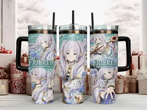 40oz Stainless Steel Insulated Water Bottle Mug - Frieren Beyond Journey's End Anime Theme Tumbler, Magical Elven Mage Artwork, Leakproof Straw Lid, Portable Reusable Kitchenware Drinkware with Temperature Control for Anime Otaku Gifts, Insulation