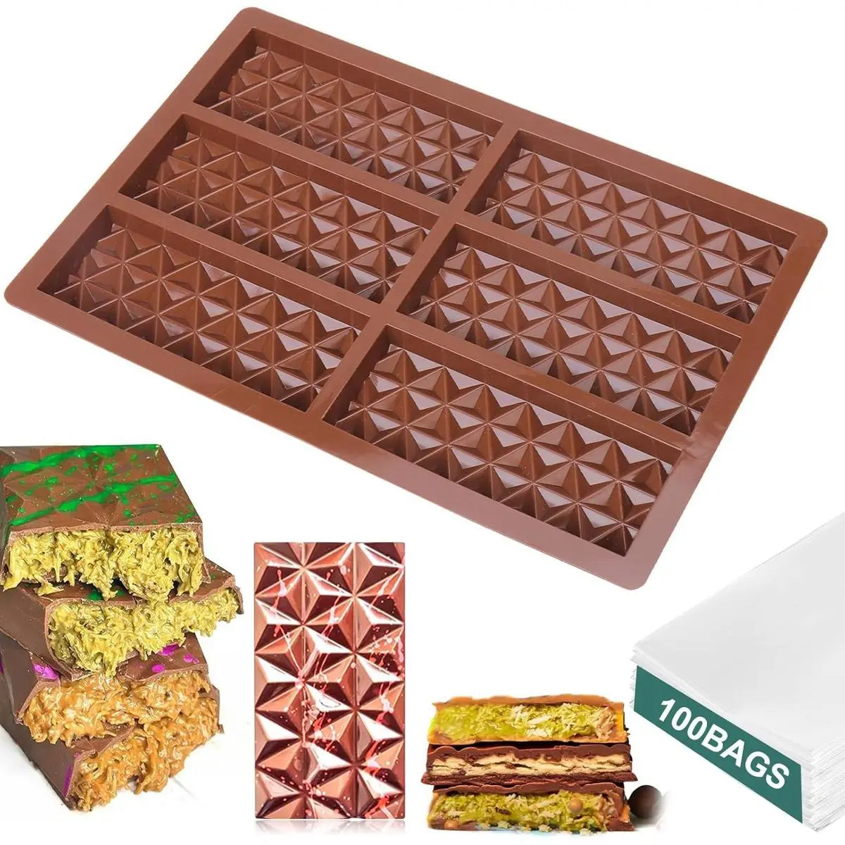 Chocolate Bar Mold - Deep Chocolate Bar Pistachio, Knafeh Pistachio Chocolate Bar Thick Silicone Tray, Diamond Candy Mould with 100PCS Clear Cellophane Bags