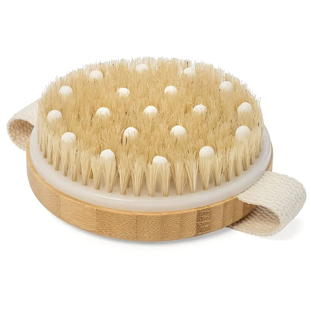 Dry Brushing Body Brush Set - Round Boar Bristle Exfoliating Scrubber, Fragrance-Free Odorless Non-Scratch Bath Tool, Full-Body At-Home Personal Care Bathing Accessories, Full-Body Body Brushes,shower essential