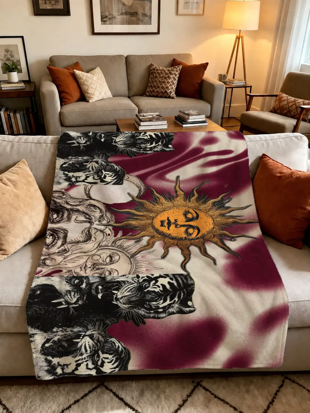 1Pcs Vintage Celestial Sun and Moon Fleece Throw Blanket, Gothic Mystic Astrology Print Blanket for Bedroom Living Room Decor, Cozy Warm Throw for Fall Winter Home Lounging