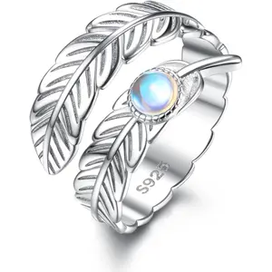Adjustable 925 Sterling Silver Rings for Women Trendy Feather Thumb Rings for Women Open Moonstone Angel Wings Ring for Girls Kids Jewellery Gifts