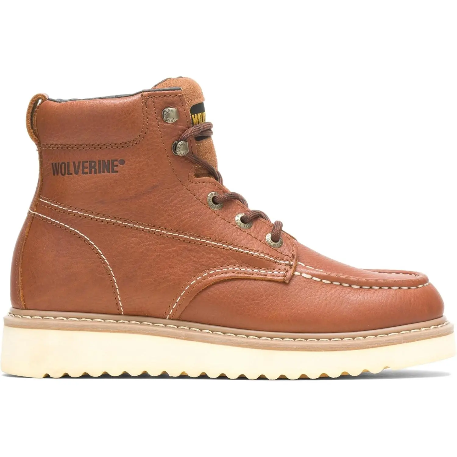 Wolverine Men's 6" Moc-Toe Soft Toe Padded Lace-Up Work Boot, Brown Leather Wedge Design Work Shoe, Classic, Construction, Solid, All Seasons, Rubber, Footwear, Closed, Office, Loading Dock, Wide, Flexible, Water Resistant, Business