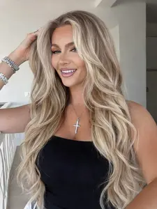 Brown Blonde Highlight Wavy Lace Frontal Wig, 13x4 HD Transparent Lace Front Wig Water Wave Wig Free Part Pre-Plucked Natural Hairline Wavy Synthetic Wig for Women Everyday Wear 28 Inch Lace Wigs