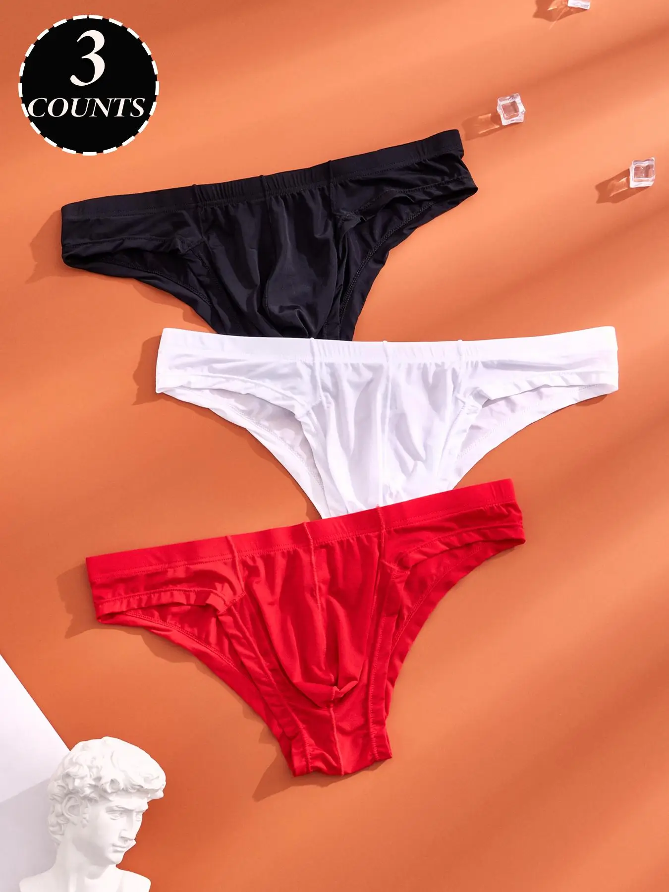 Men's 3pcs Sexy Plain Elastic Waist Low Waist Briefs, Fashion Transparent Breathable Soft Basic Minimalist Comfort Menswear Panties, Men's Underwear f