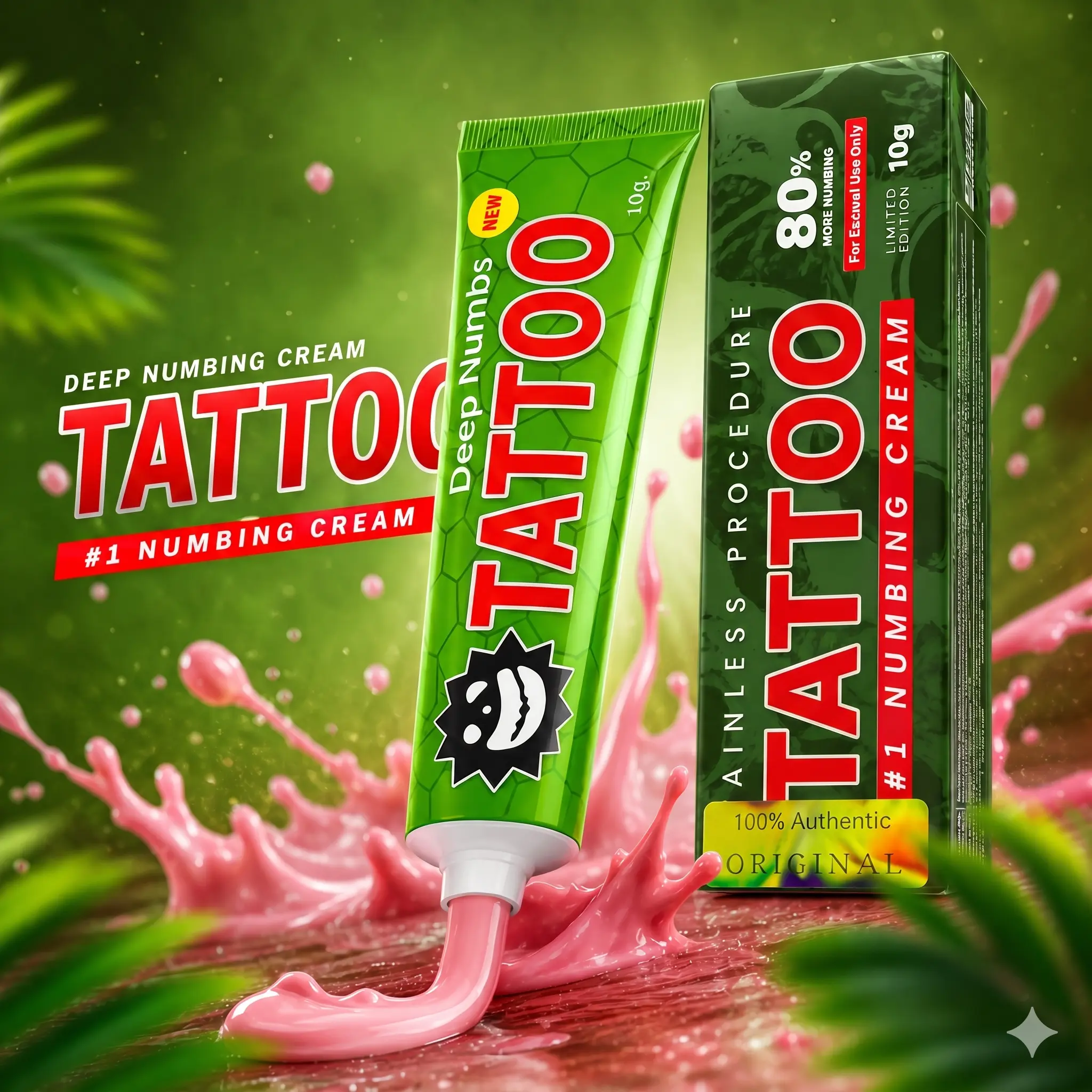 Tattoo Numbing Cream - Green 80% International - Pain Free Tattoos - Effective Numbing Formula for No-Distraction Tattoos