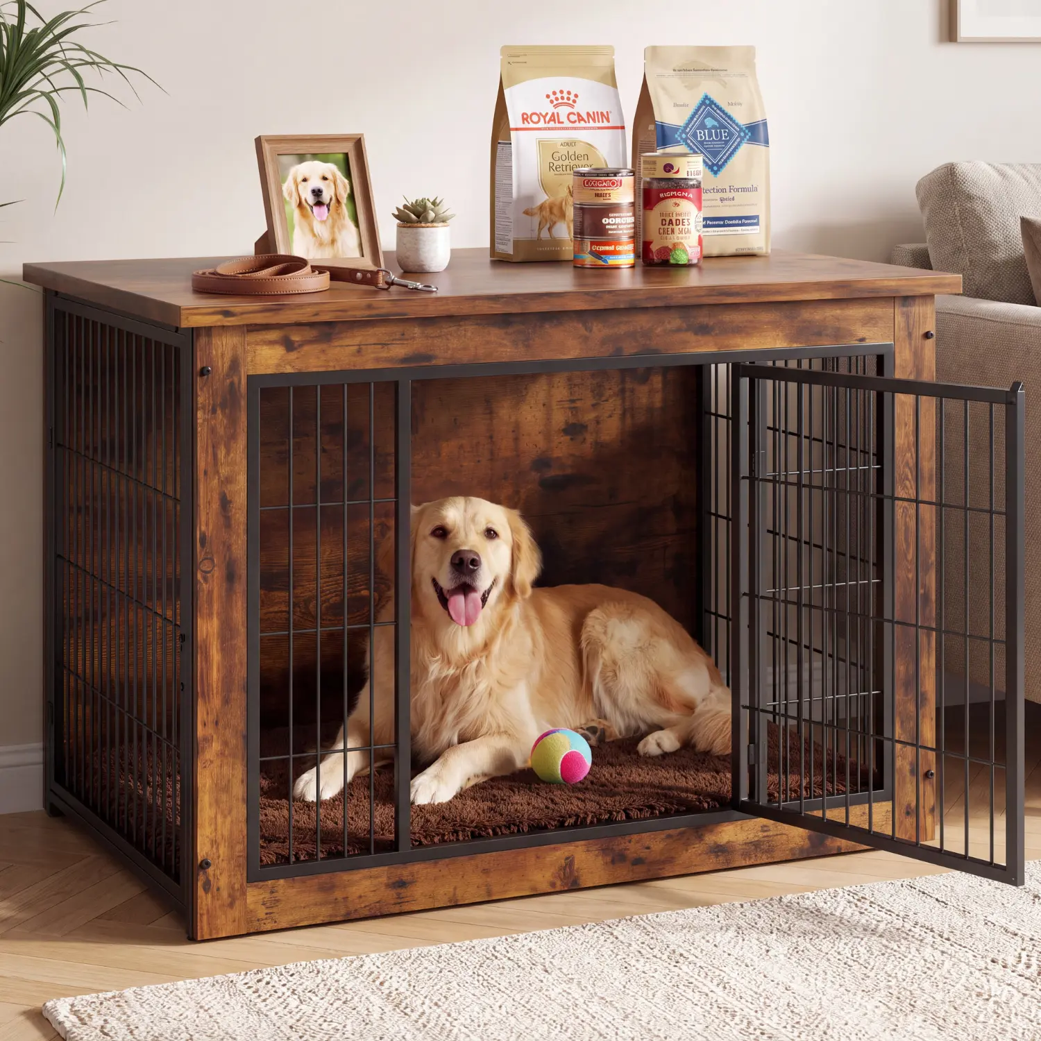 Dog Crate Furniture End Table, Wooden Dog House with Thick Cushion and Double Doors
