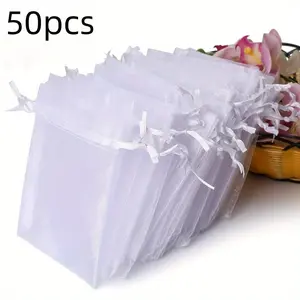 50pcs/set Elegant Organza Drawstring Gift Bags with Transparent Zipper - ldeal for Wedding & Party Favors, Solid Color Mesh Pouches Halloween Candy Bags