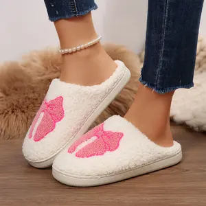Women's Slippers White Plush Slippers Adorned with Bow Accent Indoor Comfort Shoes Essential Indoor Outdoor Winter Warm Mini Snow Boots