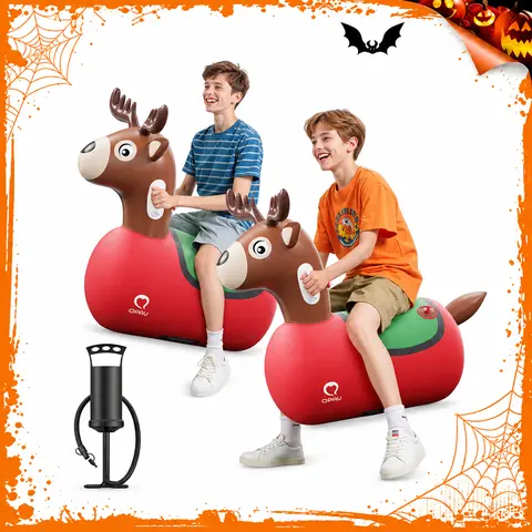 QPAU Large Reindeer Bouncy Hopper for Kids Ages 5+, Inflatable Ride-On Jumping Toy with Manual Hand Pump, 250 lbs Capacity, Indoor & Outdoor Play, Christmas Gift, Halloween Gifts giftideas,familyfun