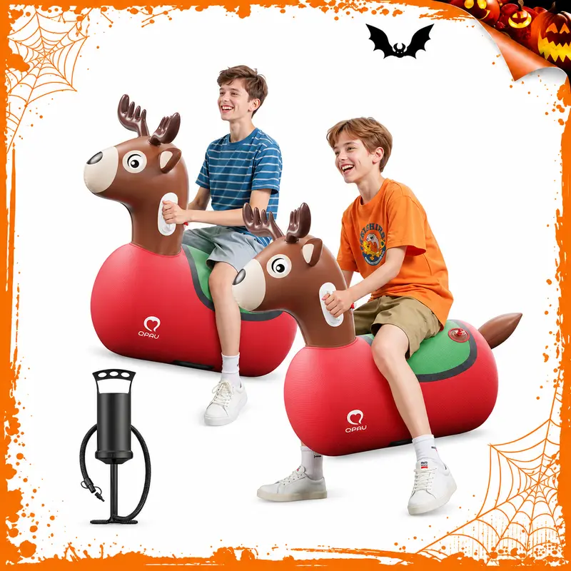 QPAU Large Reindeer Bouncy Hopper for Kids Ages 5+, Inflatable Ride-On Jumping Toy with Manual Hand Pump, 250 lbs Capacity, Indoor & Outdoor Play, Christmas Gift, Halloween Gifts giftideas,familyfun