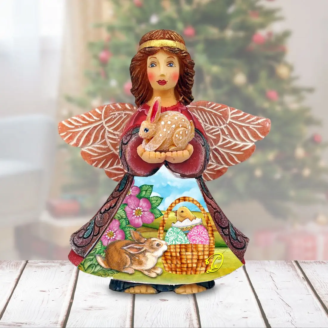 G.DeBrekht 516662 6x5 in. Classic Handcrafted Easter Angel Figurine with Bunny, Gold Collectible Home & Party Supply, Festive Decoration, Tree Ornament, Ideal Gift, Collectibles