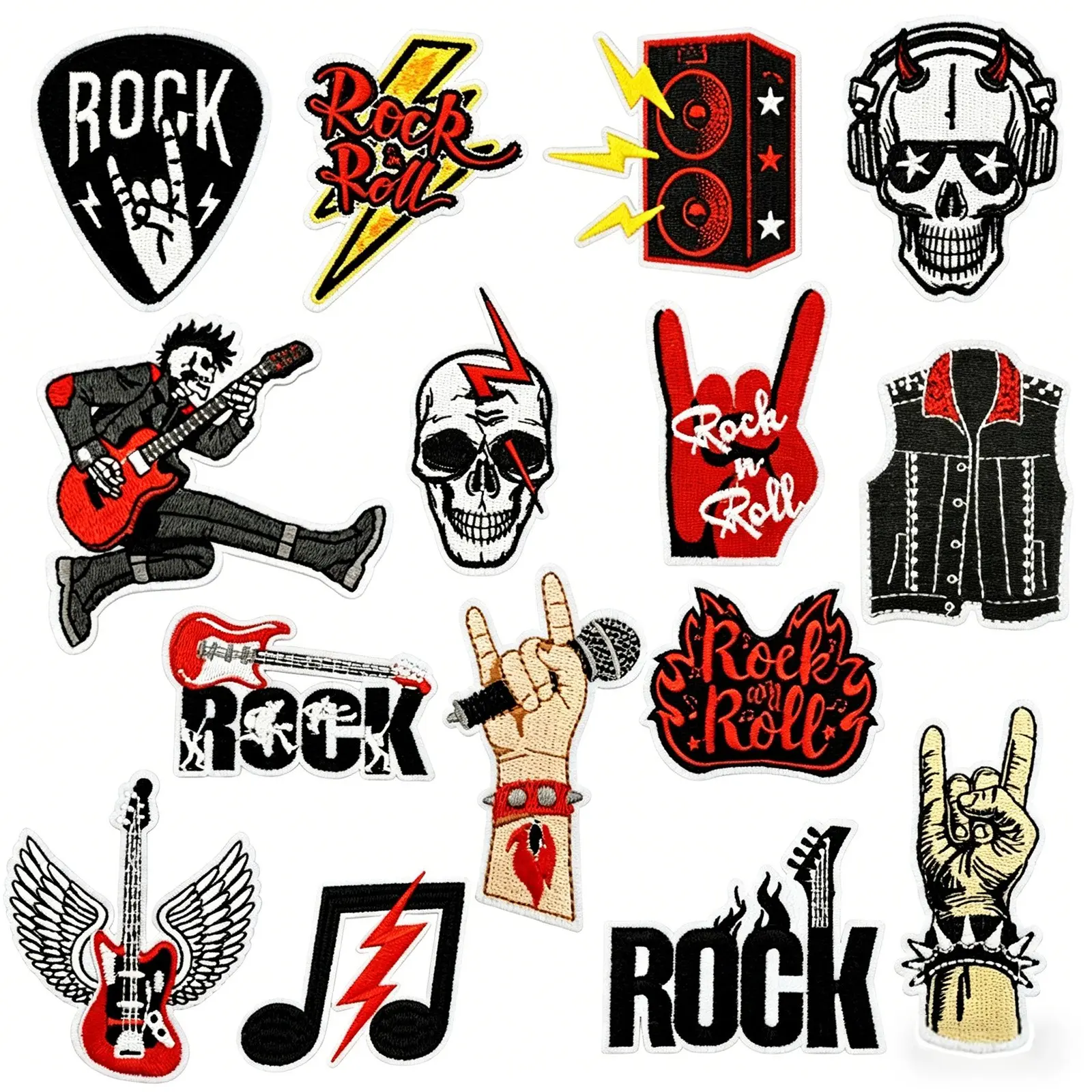 Rock ‘n’ Roll Skull Iron on Patches, 15 Pcs/Set Punk Embroidered Applique Patches, Appliques Embellishments, Perfect for DIY Decorating on Denim Jackets, Jeans, Backpacks, and Hats