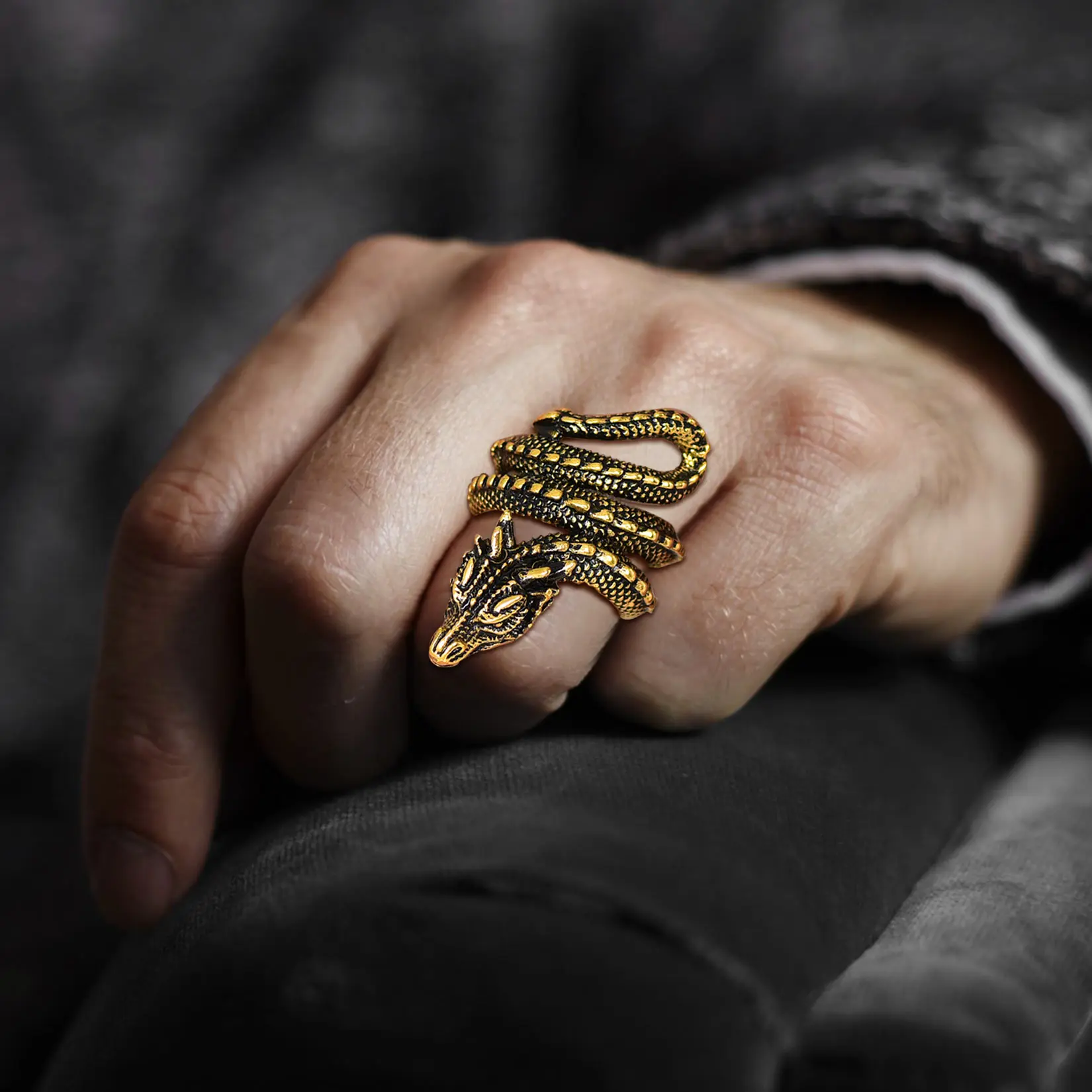 U7 Unisex Full Dragon Chunky Statement Ring, Stainless Steel Hypoallergenic Costume Ring, Exquisite Trendy Punk Rock Biker Jewelry Gift