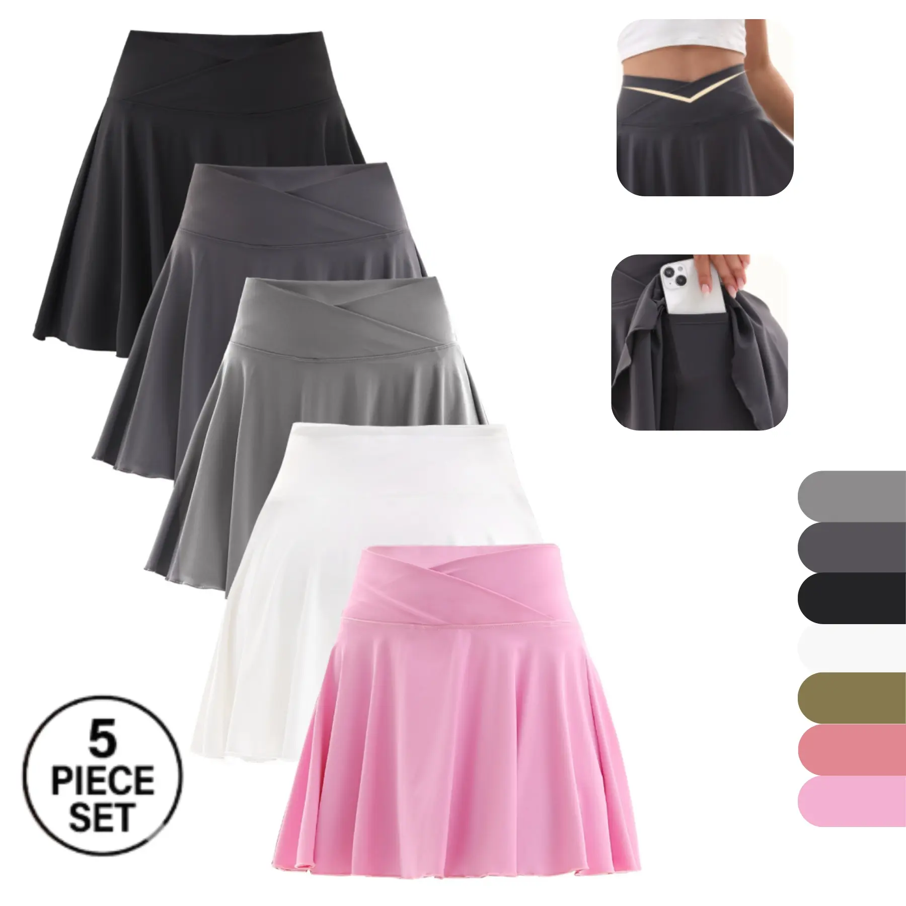 Women's 5-Pack High Waisted Pleated Stretchy Workout Skorts, Breathable Sport Skirts with 4 Pockets for Tennis, Golf, Skort for Women