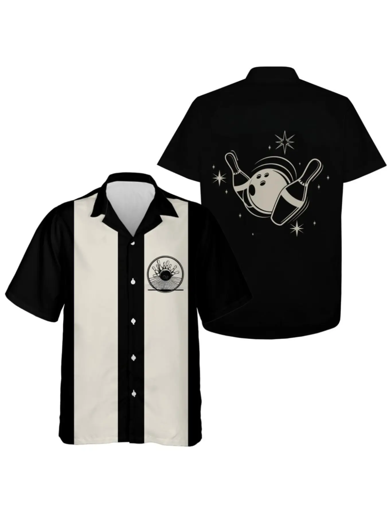 1 Men's Vintage 80s Classic Bowling Shirt, Black and White Print, Short Sleeve Button-Down Fitted, All Season Shirt, Bowling Alley Party Wear, Casual Button Collared, Ideal for Bowling Tournaments and Casual Outings, Collared Shirts
