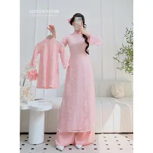 Pink Sparkling Lace Mother Daughter Matching Vietnamese Ao Dai O8
