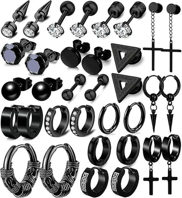 17 Pairs Men’s Stainless Steel Earrings Set – Hypoallergenic Hoop, Cross Dangle & Studs Jewelry Kit, Long-Lasting Shine for Sensitive Skin
