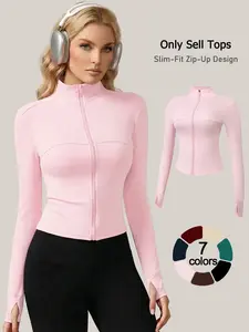 women zip up jacket solid color long sleeve waist shaping top stand collar thumb hole casual versatile loungewear soft skin friendly all season slim fit yoga wear daily travel outdoor pajamas