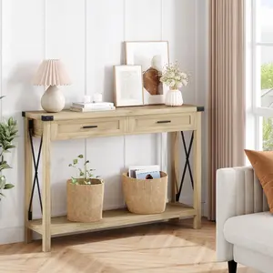 Boho Rattan Console Table - 43" Narrow Wood Sofa Side Table with 2 Drawers and Storage Shelf - Modern Accent Furniture for Entryway