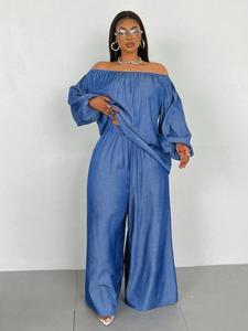 【plus size】 solid off shoulder top & wide leg pants set, casual baggy loose fashion cozy long sleeve top & trousers for daily outdoor wear, women's clothing for spring, going out sets, womenswear, casual outfits women