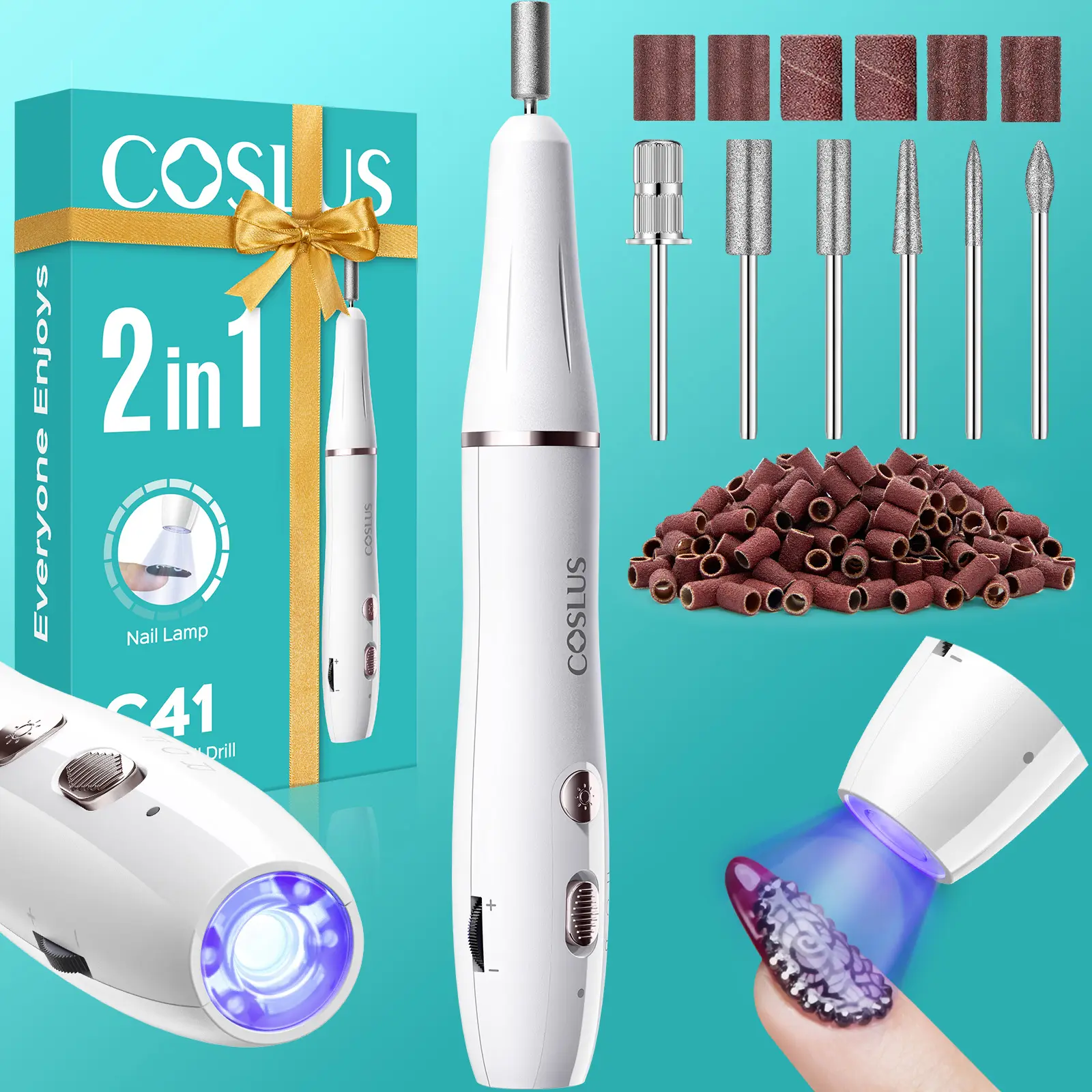 COSLUS C41 2-in-1 Cordless Nail Drill & Electric File, Portable Manicure & Pedicure Tool Set with UV Curing Lamp, Drill Bits, Sanding Belts - Lightweight Compact for Acrylic Nails, Gel, Dip Powder, Crystal Glue, White Tips, Smooth, Gel Nails