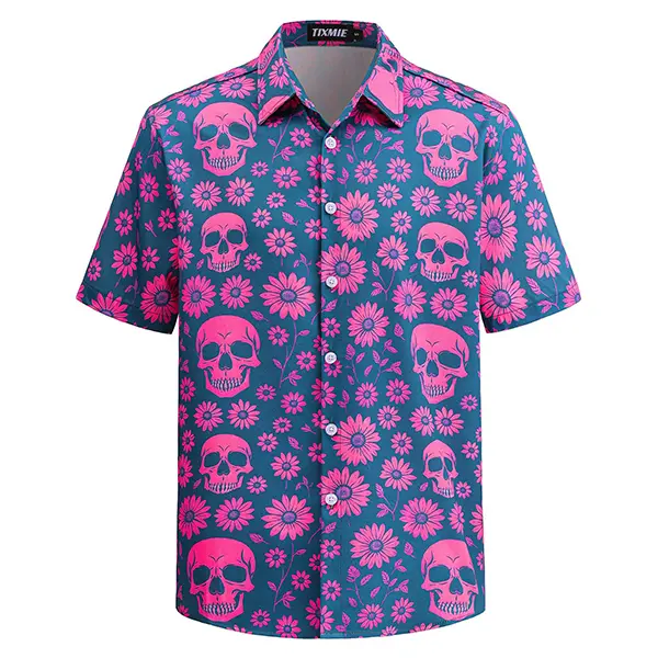 TIXMIE Menswear Short-Sleeve Button-Down Shirt - Teal Pink Skull Daisy Floral Tropical Cotton Top for Summer Beach Vacation, Streetwear Hip Hop Casual Wear, Father's Day Gift,summerwins,father'sdaygifts,back to school,back to school shopping
