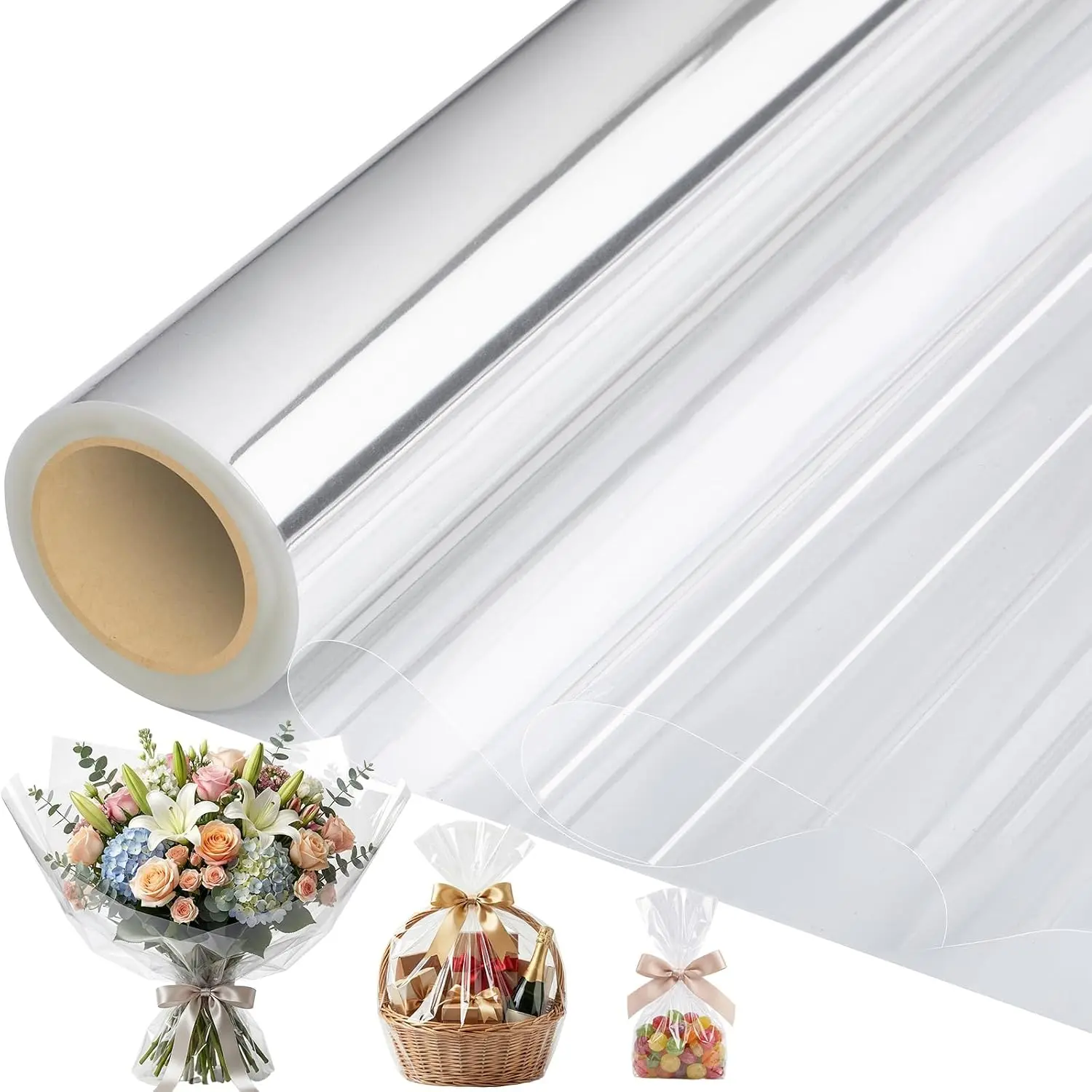 Cellophane Wrap for Gift Baskets 17”In X 82’ Ft Clear Cellophane Wrap Roll Gift Basket Wrapping Plastic Paper for Birthday Baby Shower Flower Bouquet Wedding Treats Candy DIY Crafts