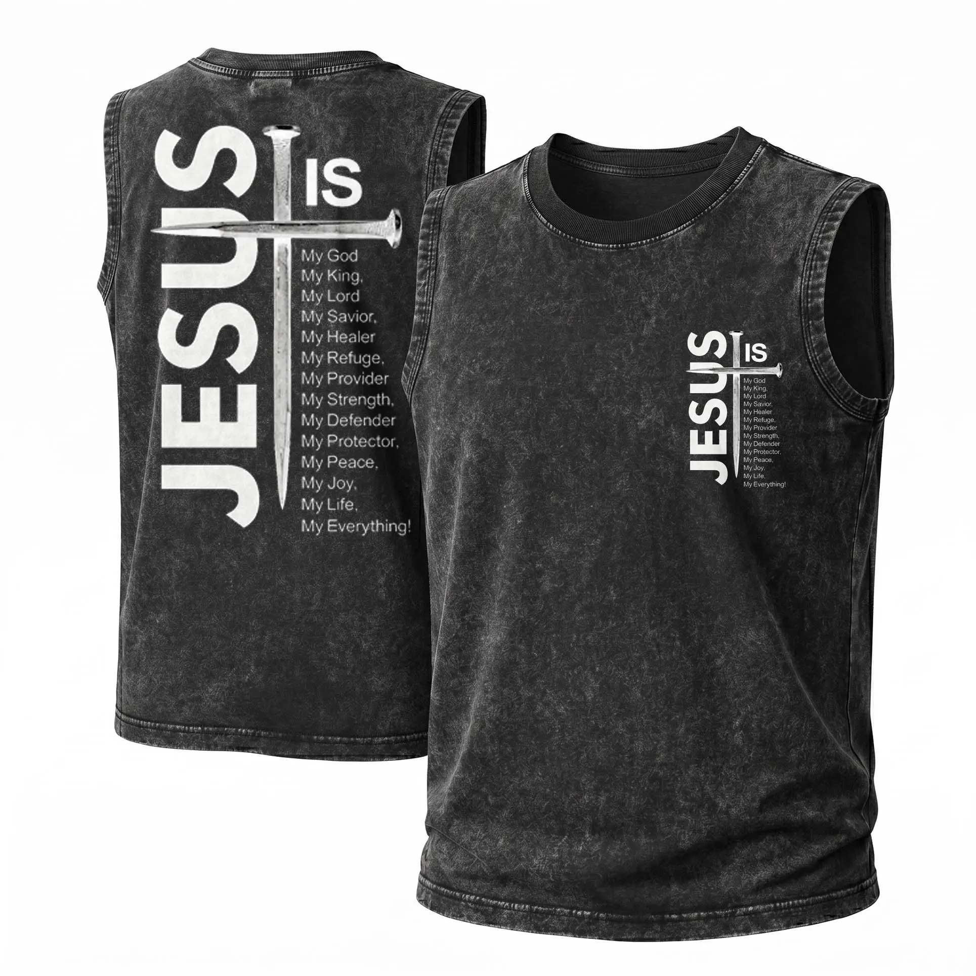 Men's Washed Cotton Ribbed Breathable Sleeveless Round Neck Tank Top Menswear Garment - "Jesus is My Everything, My God, My Lord" Graphic Print, Adjustable Straps, Unisex Vintage Casual Outdoor Streetwear, Soft Fabric, Spring Summer Wear