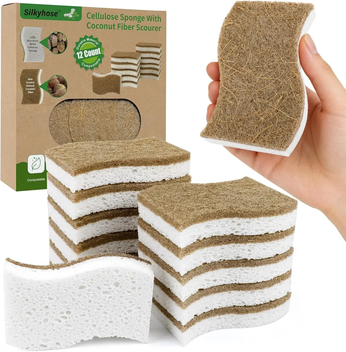 Silkyhose 12 Pack Natural Kitchen Sponges, Cellulose Coconut & Non-Scratch | Compostable & Biodegradable. Eco-friendly, plant-based. Long-lasting, reusable. Cleans pots, pans & glass.
