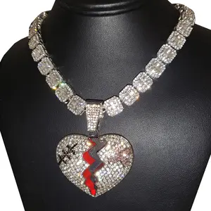 Large Broken Heart Pendant & 12mm 16" 18" 20" Iced Baguette Stone Chain Hip Hop Necklace Jewelry Unisex Men Women