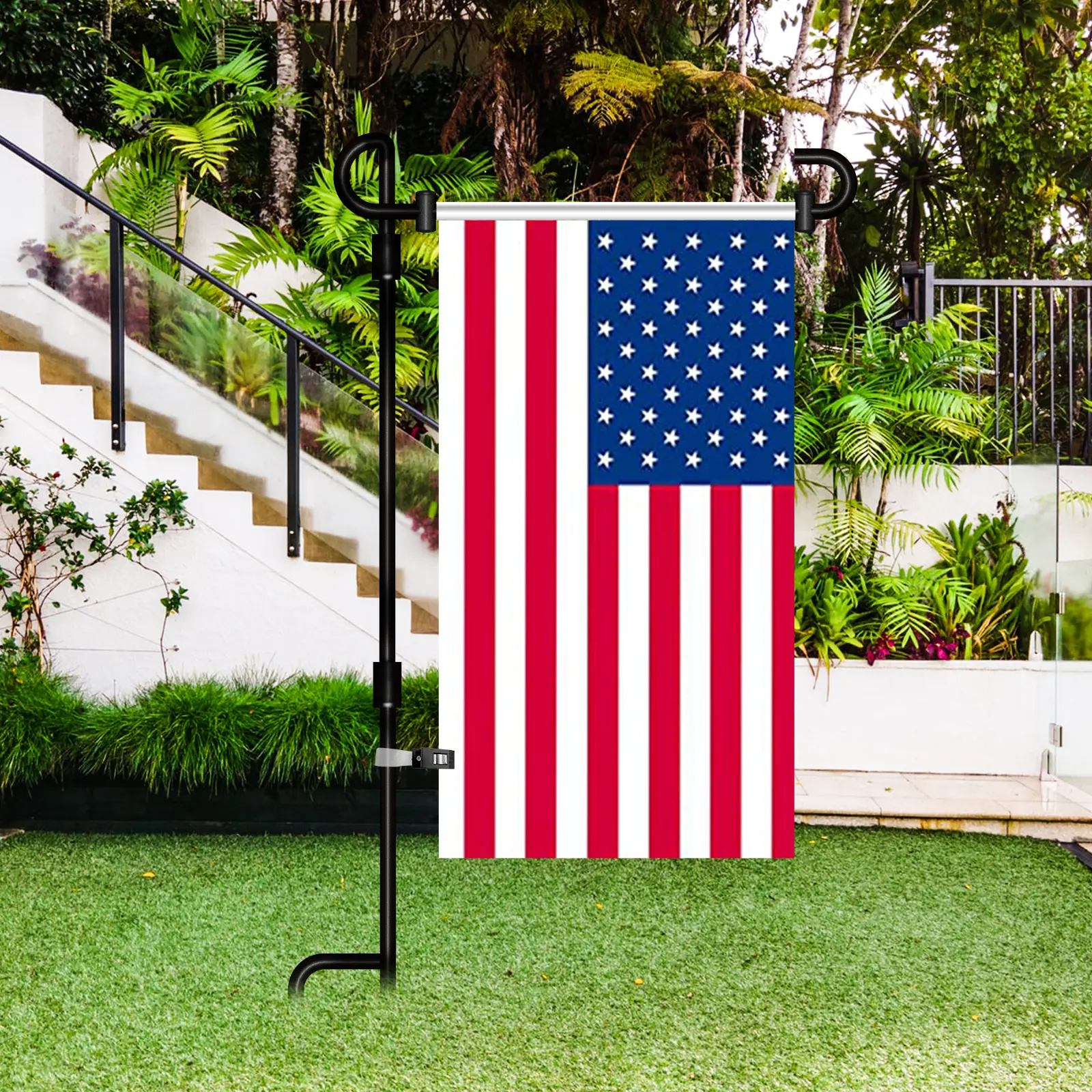 Garden Flag Stand (35.4''×16.4''), Premium Yard Flag Pole Holder Metal Powder-Coated Weather-Proof Paint With One Tiger Clip And Two Spring Stoppers Without Flag, Black