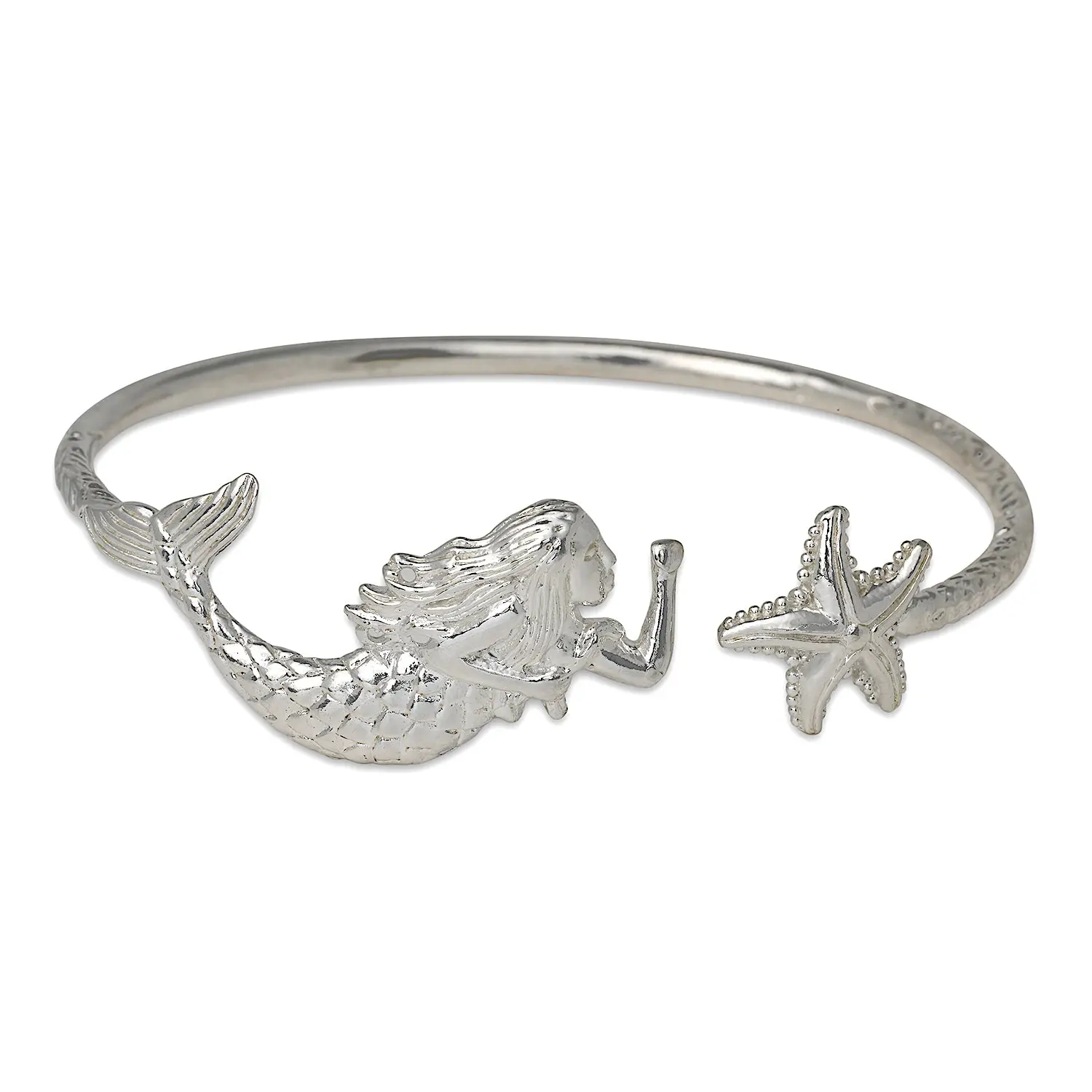BETTER JEWELRY 1-Piece .925 Sterling Silver Mermaid & Starfish Bangle, West Indian Style Handmade 3.5mm Cuff Bracelet with Handmade Ends, 7.5-10 Inches, 22g, Gift-Ready for Adults