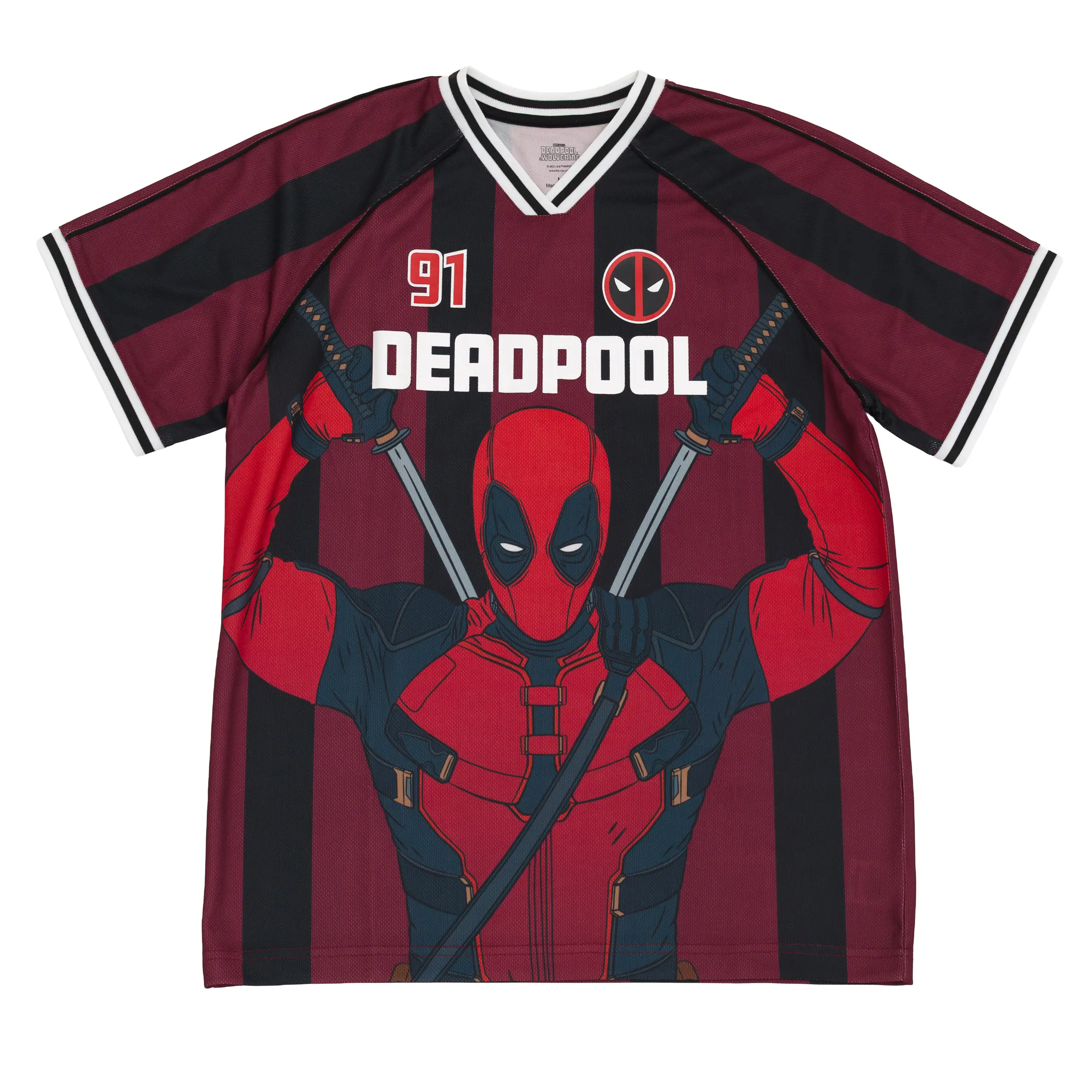 Marvel Deadpool & Wolverine Men's Allover Print Short Sleeve Mesh Raglan Graphic Tee Maroon, Streetwear, Stripe