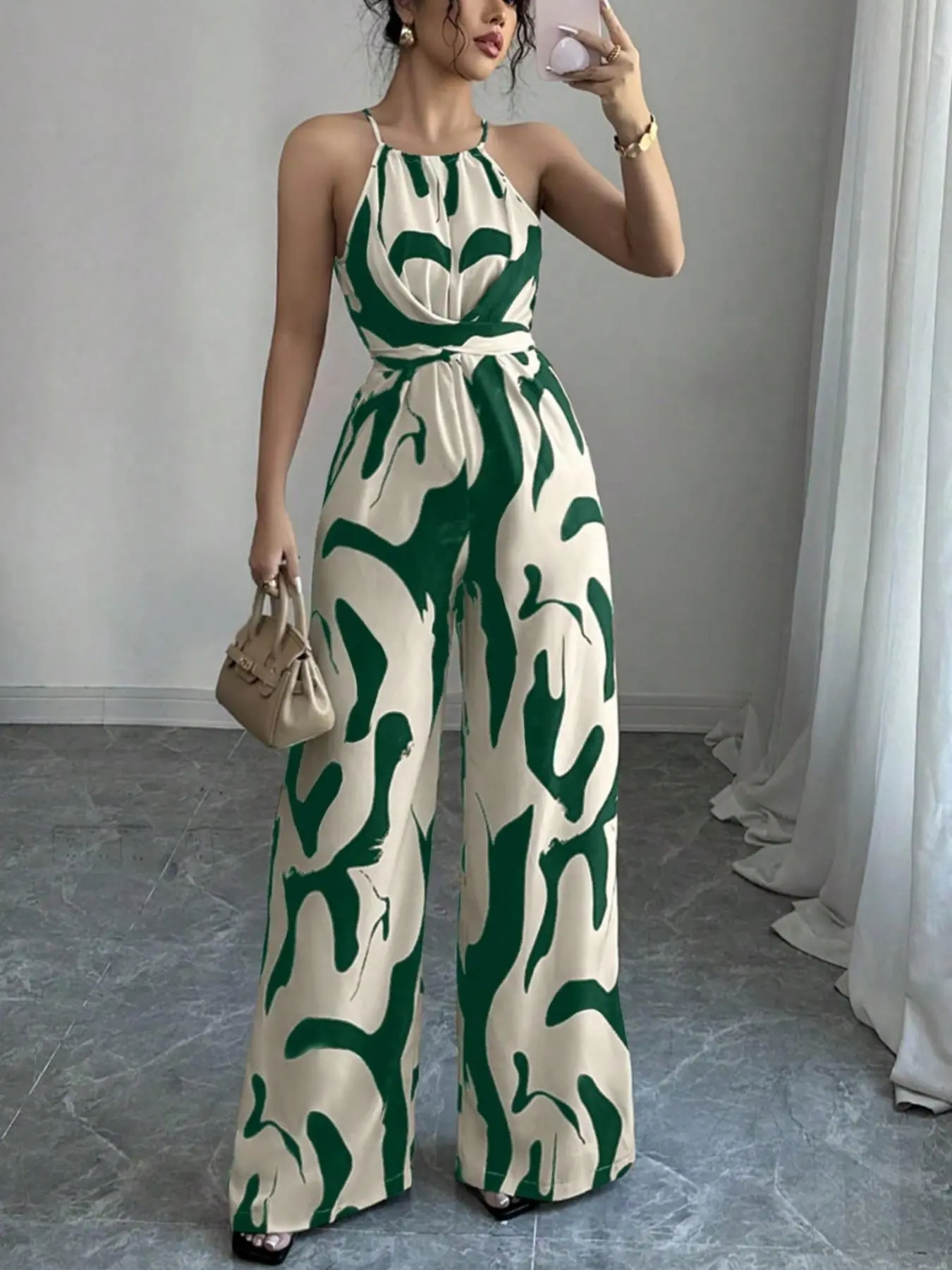 Women's All-Over Print Halter Neck Wide-Leg Jumpsuit, Sleeveless Casual Jumpsuit for Holiday Vacation & Daily Wear, Ladies' Spring & Summer Clothes