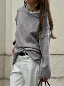 Solid Color Casual Hooded Knit Pullover Sweater Knitwear, Thin Fabric Fitted Style for Fall Season, Comfortable and Stylish Women's Clothing