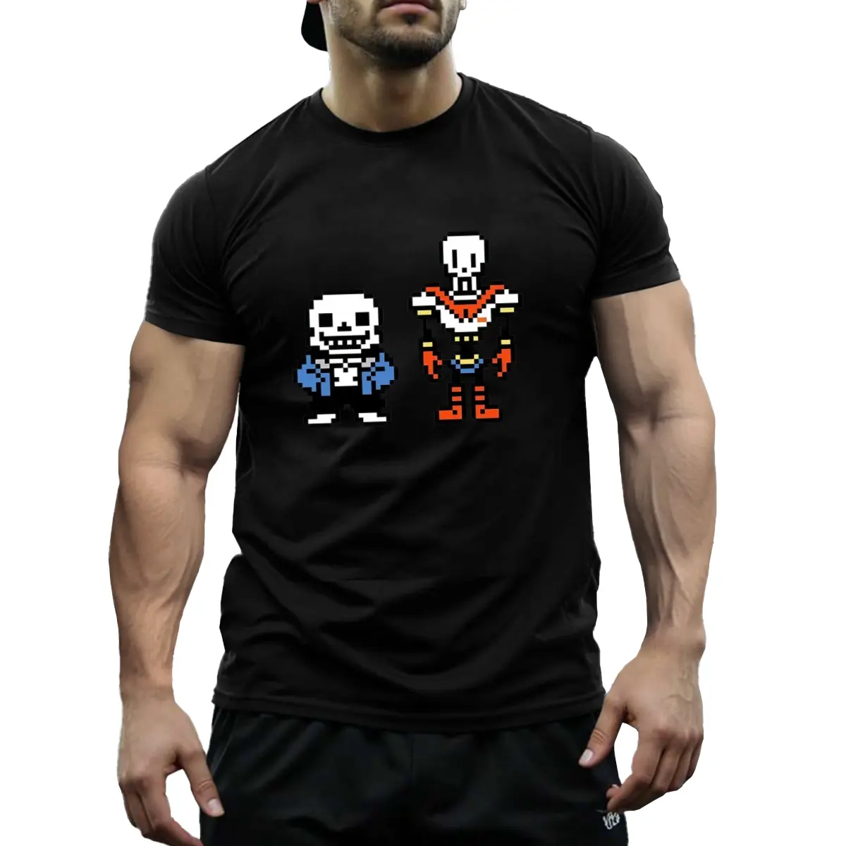 Men'S Undertale Sans & Papyrus T-Shirt - Pure Cotton Casual Crewneck Tee, Short Sleeve, Plus Size, Black Gaming-Inspired Design with White & Blue Characters, Loose Fit, Machine Washable - T shirt