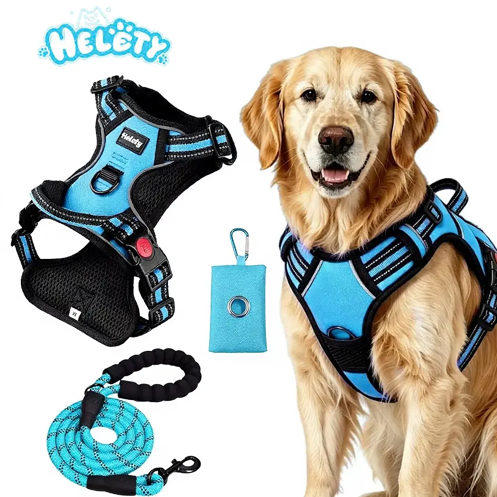 HELETY 3-in-1 Dog Vest Harness Set - No Pull, No Choke, 3M Reflective, Anti-Escape Lock, Adjustable for Small/Medium/Large Dogs, Oxford Material, Night Strap, Poop Bag Holder, Airtag Compatible, Cooling for Safe Walking & Travel outdoor walk girl boy