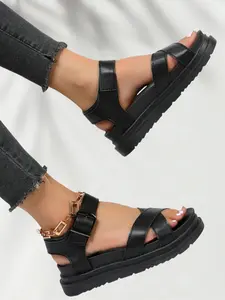 Women's Fashionable Plain Color Cross Strap Sandals, PU Leather Sandals, Casual Versatile Platform Sandals for Summer, Lightweight Breathable Sandals for Daily Wear, Walking Shoes