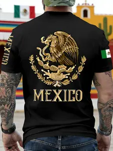 Men's Gold Mexican Emblem Round Neck Fashion Print T-Shirt, Sporty Fitness Polyester Short Sleeve Gym Top, Activewear T Shirt, Casual Daily Wear, 10 Colors Available