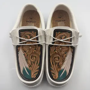 Double R Western Tooled Leather Shoes (All White - Turquoise Feather)