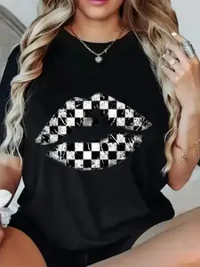 Checkered Lips Graphic Tee Pure Cotton Unisex Fit Ideal For Summer Daily Wear Streetwear Casual Outfits Perfect For Unisex Fashion Lovers Halloween Christmas Gift - Man, Menswear