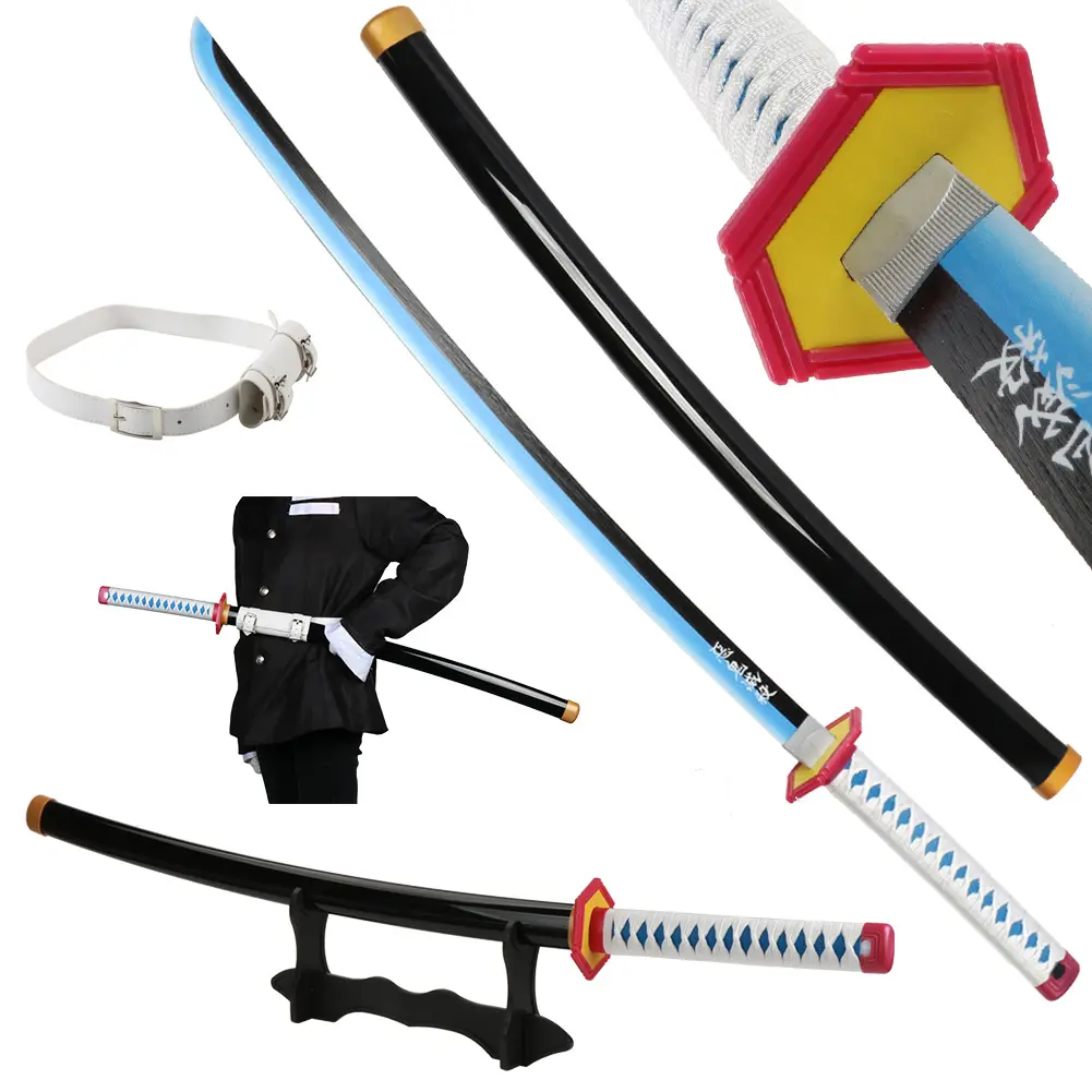 Unisex Tomioka Giyuu Cosplay Sword, 41 In Replica with Bamboo Wooden Blade, 1.1 lb Prop with Plastic Scabbard for Halloween Decoration, Includes Belt & Stand