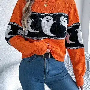 Women's Halloween Themed Colorblock Ghost Textured Sweater Pullover, Casual Drop Shoulder Long Sleeve Jumper for Fall & Winter, Ladies' Knitwear for Daily Wear