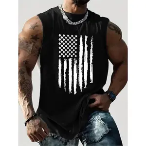 Plus Size American Flag Print Round Neck Tank Top, Casual Sleeveless Crew Neck Top for Summer, Men’s Plus Size Graphic Clothing for Everyday Wear, Crewneck Tanktop