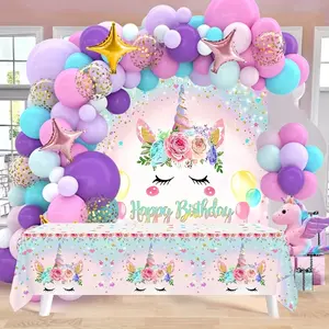93pcs/Set,Unicorn Birthday Balloon Tablecloth Backdrop Set,Birthday Party Decoration Photograph Background Banner,Happy Birthday Photo Props Unicorn Backdrop Table Cover Supplies
