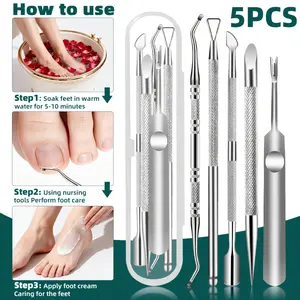 Professional Nail Care Kit, Nail Tools, Foot Care, Stainless Steel Cuticle Pusher Pen, Metal Gel Polish, Dead Skin Remover Tool, 5 Piece Manicure Pedicure Set